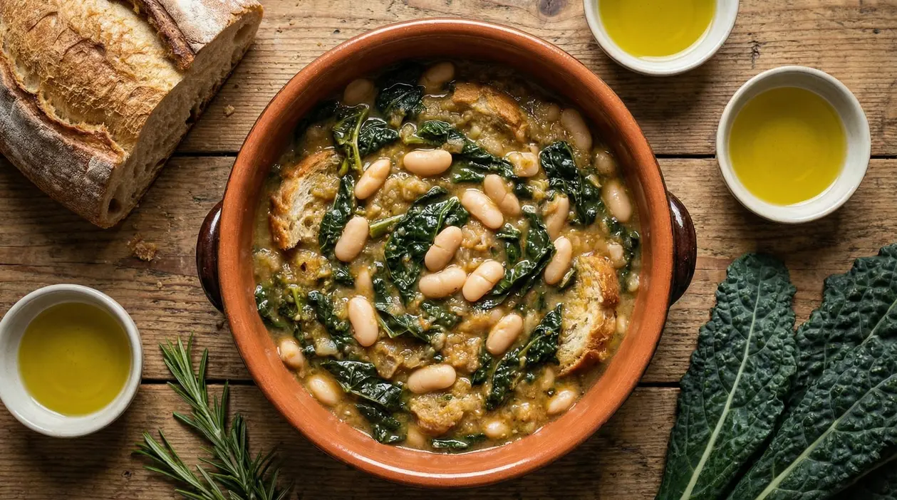 Zuppa toscana con cavolo nero, fagioli e pane servita in una ciotola di terracotta